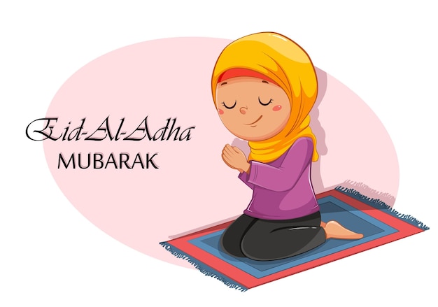 Eid Al Adha Mubarak Cute cartoon girl praying