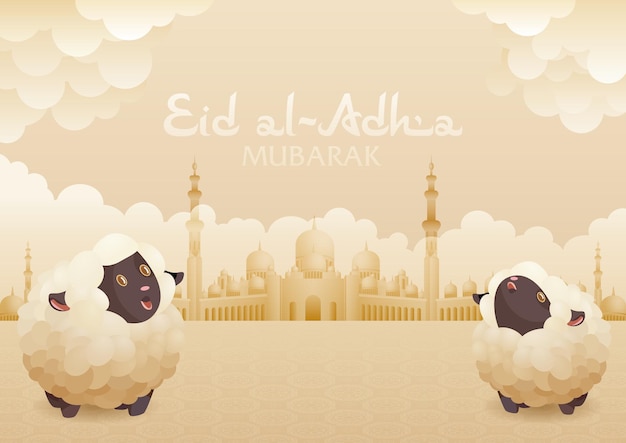 Eid Al Adha Mubarak greeting card with sheep and mosque background Invitation with hajj ornament