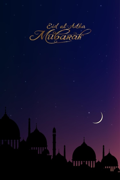 Eid al Adha Mubarak greeting card with Silhouette Dome Mosques, Crescent Moon and Stars.