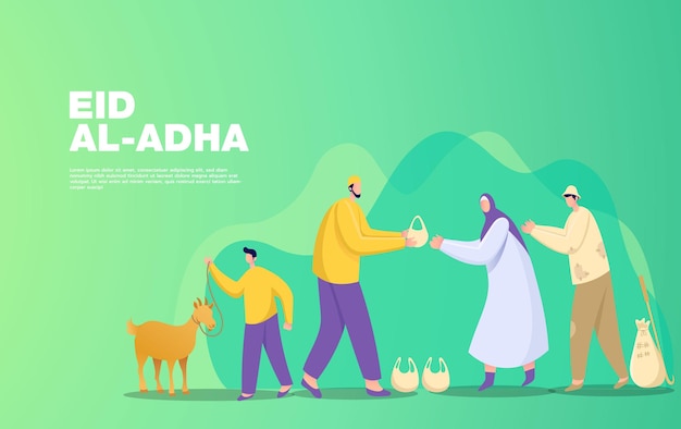 Eid al Adha mubarak greeting concept. illustration of sharing the meat of the sacrificial animal that has been cut