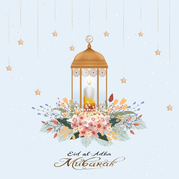 Eid al Adha Mubarak greeting design with Crescent Moon and Star hanging on Arabic lantern bouquet flower on beige backgroundVector card of Religion of Muslim Symbolic for Eid al fitr Ramadan Kareem