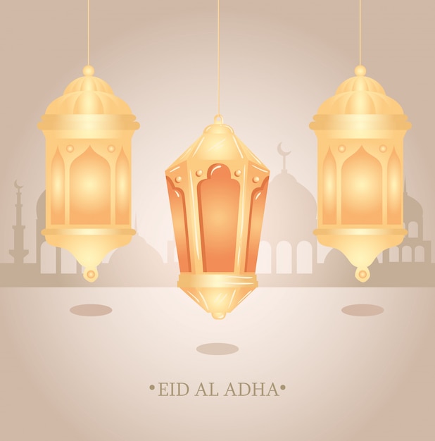 Eid al adha mubarak, happy sacrifice feast, with lanterns hanging and silhouette arabia city