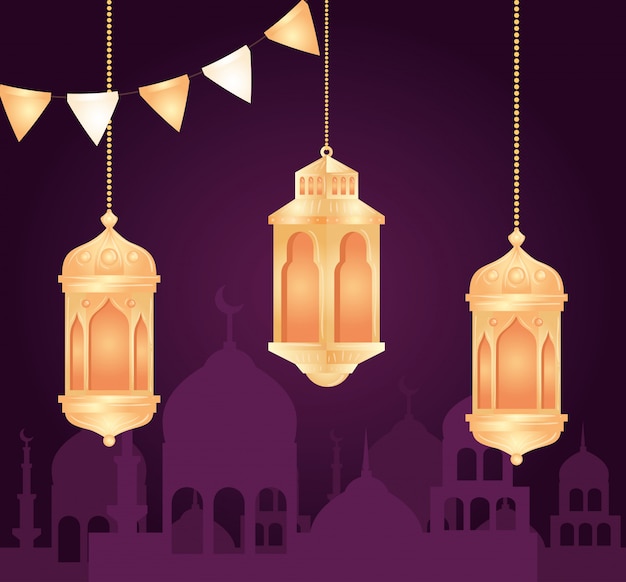 Eid al adha mubarak, happy sacrifice feast, with lanterns hanging and silhouette arabia city