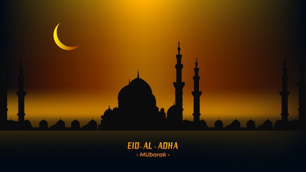 Eid al adha mubarak illustration with mosque background.