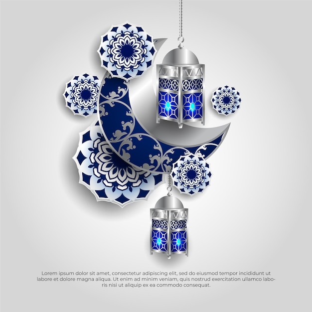 Eid al adha mubarak islamic 3d blue moon mandala and lamp vector design