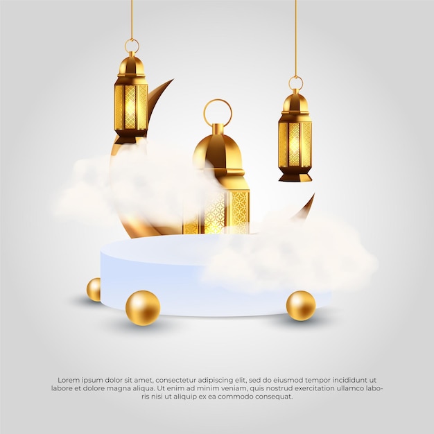 Eid al adha mubarak islamic 3d golden lamp cloud ball vector design