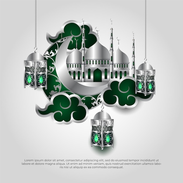 Eid al adha mubarak islamic 3d green moon mosque cloud and lamp vector design