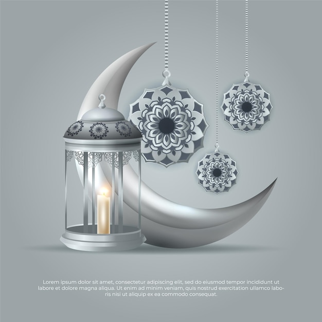 Eid al adha mubarak islamic 3d moon mandala and lamp vector design