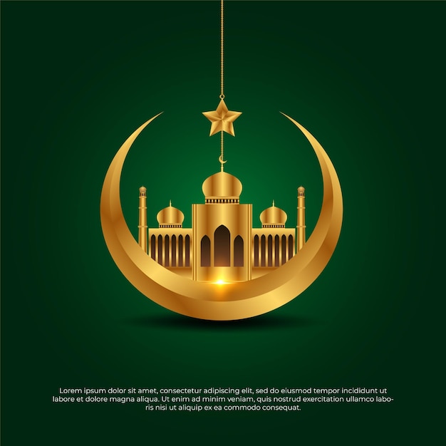 Eid al adha mubarak islamic beautiful 3d green golden mosque star vector background