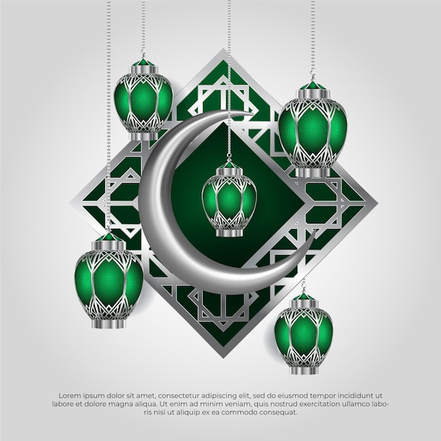 Eid al adha mubarak islamic festival green moon and lamp 3d background