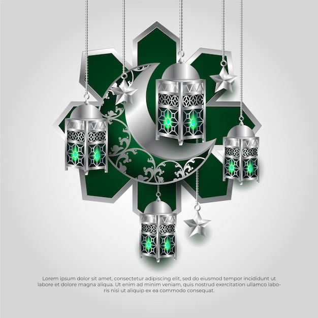 Eid al adha mubarak islamic green 3d moon and lamp vector design