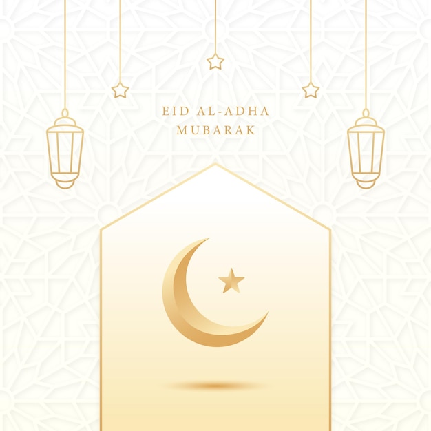 Eid Al Adha Mubarak Islamic Greeting Card White Golden Elegant Ornament Pattern Luxury background