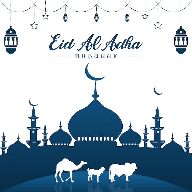 Vector eid al adha mubarak islamic religious festival background mosque camel caw got