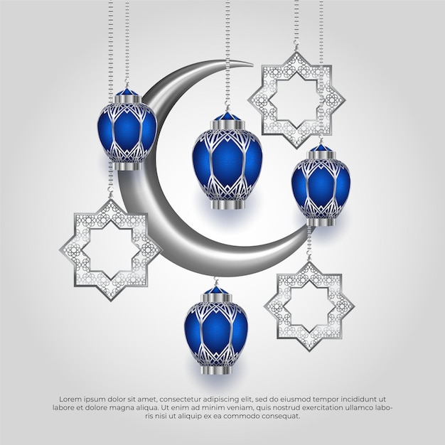 Eid al adha mubarak islamic silver and blue lamp and moon festival 3d background