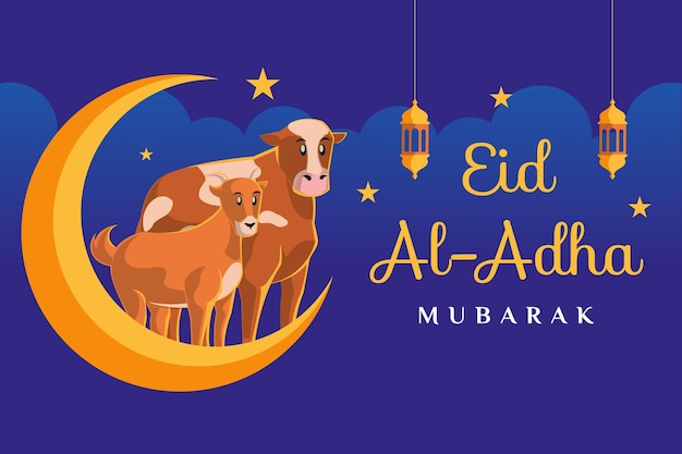 Eid al adha mubarak text with a a cow and a goat on a moon illustration on dark blue background