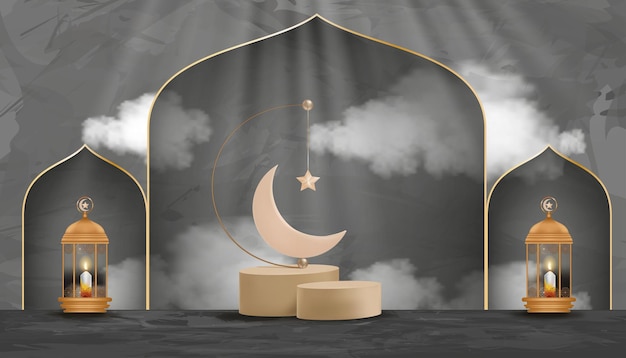 Eid al Adha Mubarak  with Crescent Moon and Star hanging on 3D podium on grey cement background