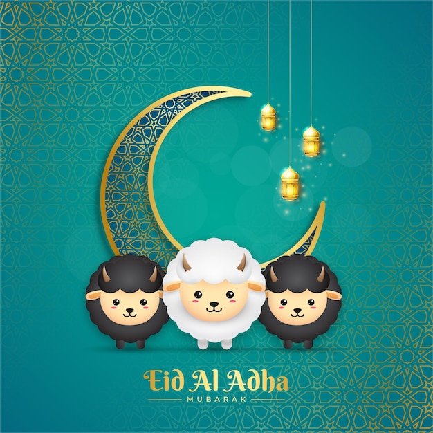 Eid al adha mubarak with lantern crescent and sheep