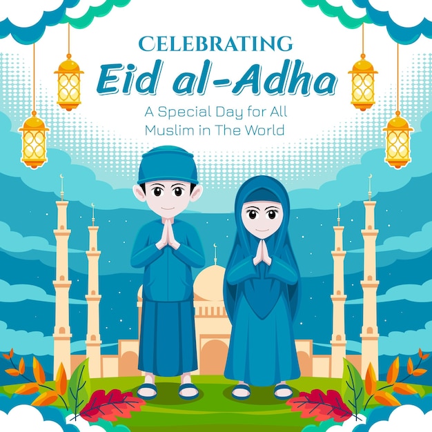 Eid al Adha Post Design with illustration people celebrating eid al Adha