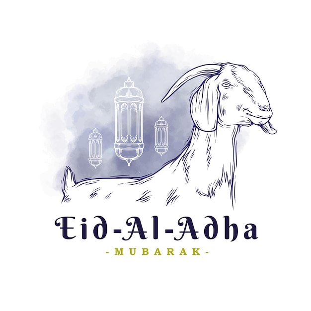 Eid al adha with mosque concept and islamic lantern line art