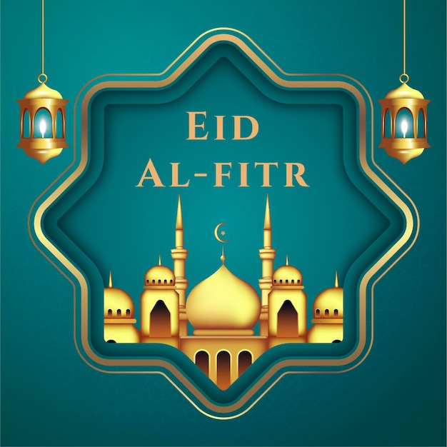 eid al fitr greeting card with lamps and mosque