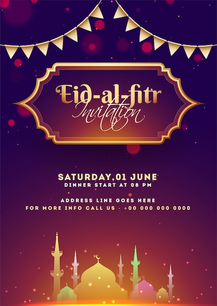 Eid-Al-Fitr invitation card design with shiny mosque illustratio