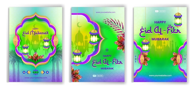 Eid al fitr mubarak celebration greeting cards design collection vibrant purple green background