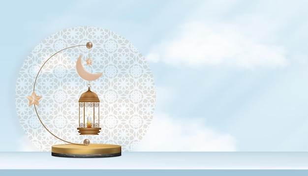 Eid al fitr Mubarak greeting design with Crescent Moon and Star hanging on 3D podium on blue sky and cloud backgroundVector Backdrop of Religion of Muslim Symbolic for Eid al Adha Ramadan Kareem