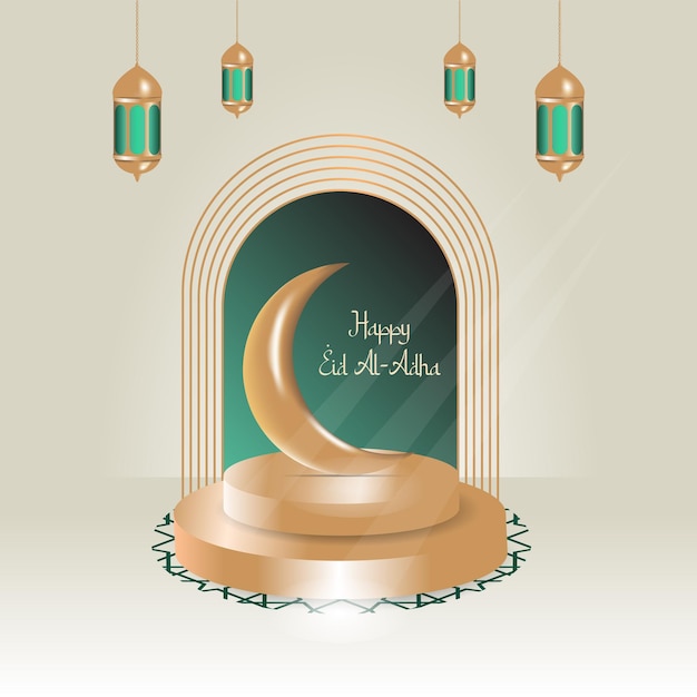 Eid alAdha greeting card template islamic lantern podium and moon theme