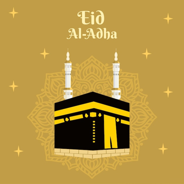 Eid alAdha greetings with Kaaba illustration and mandala design