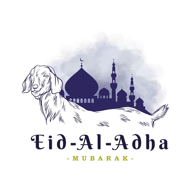 Eid alAdha Islamic festival with goat and mosque concept line art