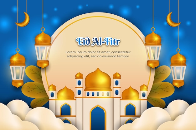 Eid alfitr background blue with 3D mosque and lantern