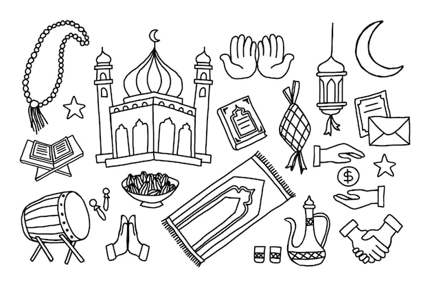 Eid alFitr doodle vector collection Muslim victory day