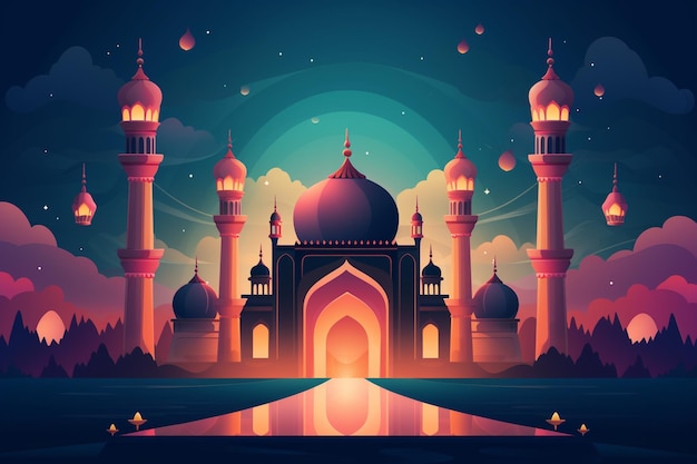 Eid Mubarak Background with Mosque and Lanterns