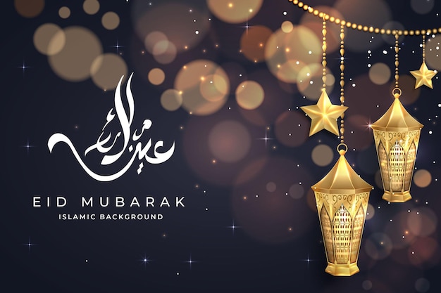 Eid Mubarak background with Realistic golden lanterns, Star and sparkling bokeh background