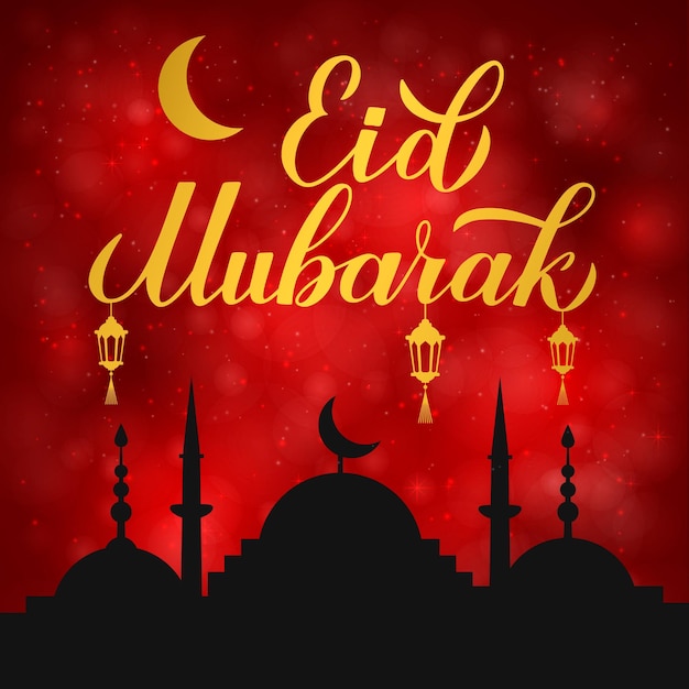 Eid Mubarak calligraphy hand lettering and silhouette of mosque on red background Muslim holy month concept Vector template for Islamic traditional poster greeting card flyer banner invitation