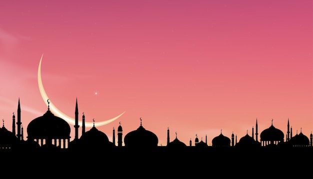 Eid Mubarak card Silhouette Dome Mosques at night with crescent moon with Pink sky