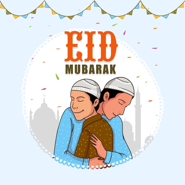 Eid Mubarak Celebration Concept With Islamic Young Boys Hugging Each Other On White And Blue Silhouette Mosque Background