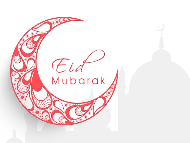 Vector eid mubarak celebration greeting card with paisley arc drops forming a crescent moon on white silhouette mosque background