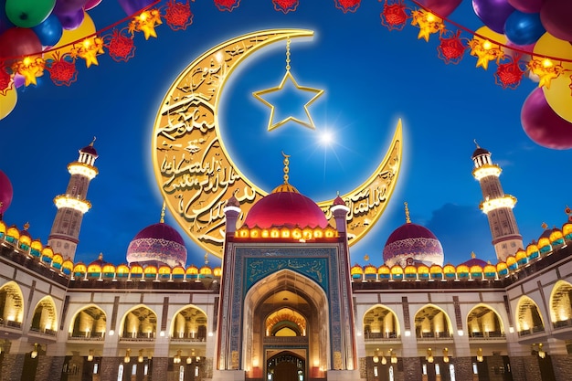 Eid Mubarak concept Golden crescent in night sky above eastern buildings and lamps