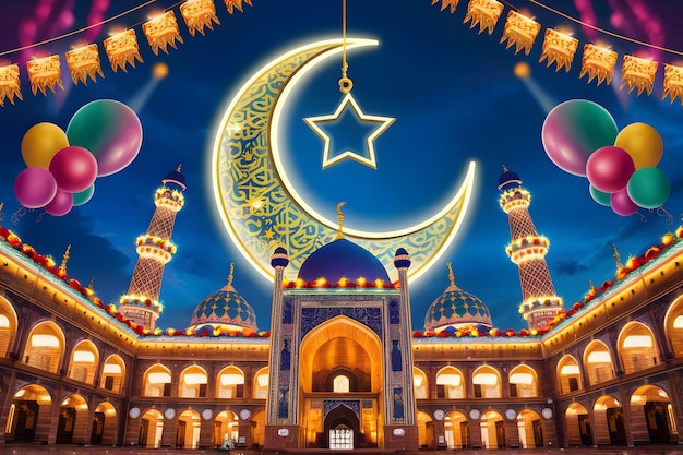 Eid Mubarak concept Golden crescent in night sky above eastern buildings and lamps