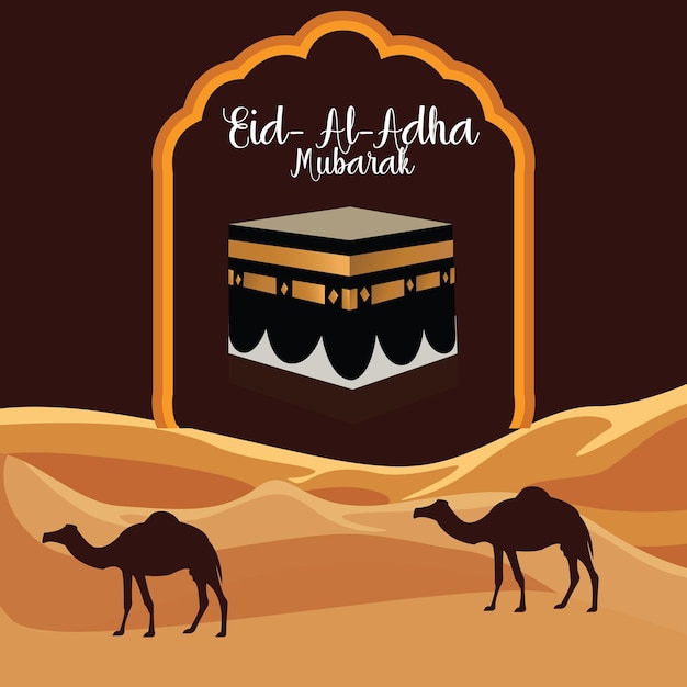 Eid mubarak design with Macca shorif Mehrab Camel beautiful background Premium Vector