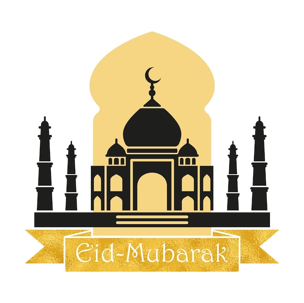 Eid Mubarak Design with a mosque and golden inscription