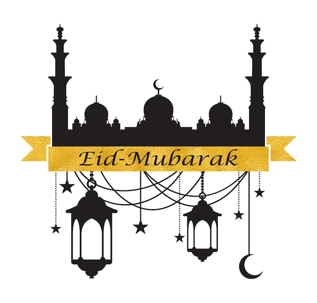 Eid Mubarak Design with a mosque an inscription and lanterns