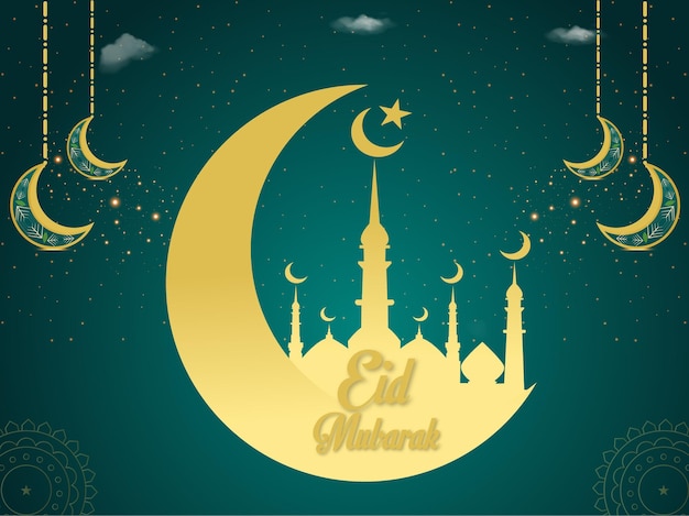 Eid mubarak festival crescent moon and clouds greeting background vector