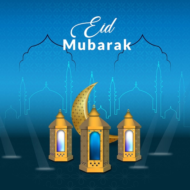 Eid Mubarak festival greeting with lamps and Islamic Architecture Premium Vector