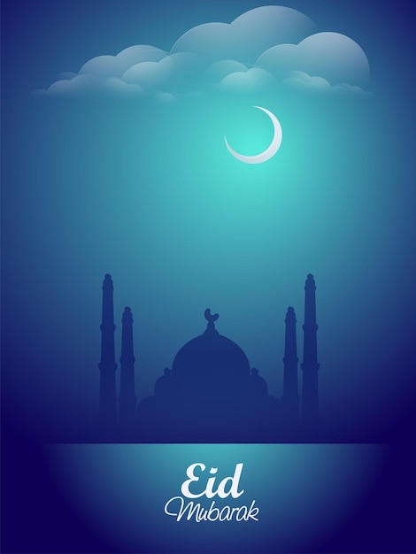 Eid Mubarak Flyer Design With Silhouette Mosque Crescent Moon On Glossy Blue Background