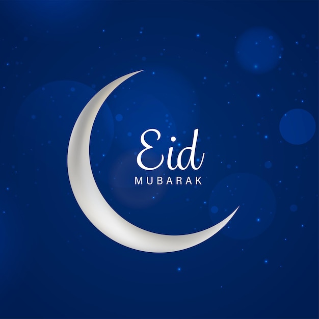 Eid Mubarak Font With Crescent Moon On Blue Bokeh Lights Effect Background