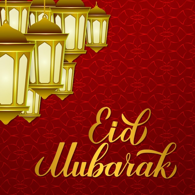 Eid Mubarak golden calligraphy hand lettering and lanterns on red Arabic pattern background Muslim holy month typography poster Vector template for Islamic banner greeting card invitation sign