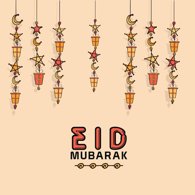 Eid Mubarak Greeting Card Decorated With Gift Boxes Stars Crescent Moon Hang On Pastel Peach Background