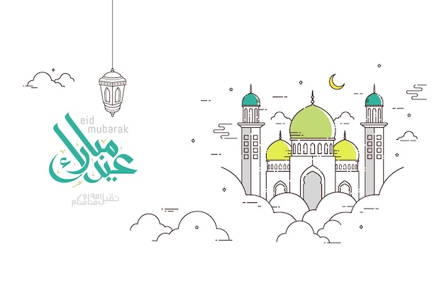 Eid mubarak greeting card in line style with mosque and the Arabic calligraphy